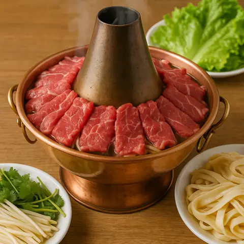铜锅涮肉 (tóng guō shuàn ròu) – Traditional Beijing-Style Hot Pot with Copper Pot and Thinly Sliced Lamb