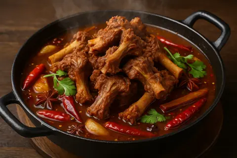 羊蝎子火锅 (yáng xiē zi huǒ guō) – Spicy Lamb Spine Hot Pot with Bone Marrow and Herbs