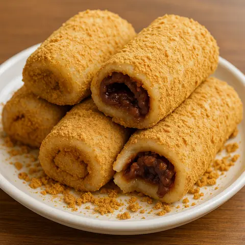 驴打滚 (lǘ dǎ gǔn) – Glutinous Rice Rolls with Red Bean Paste Coated in Soybean Flour