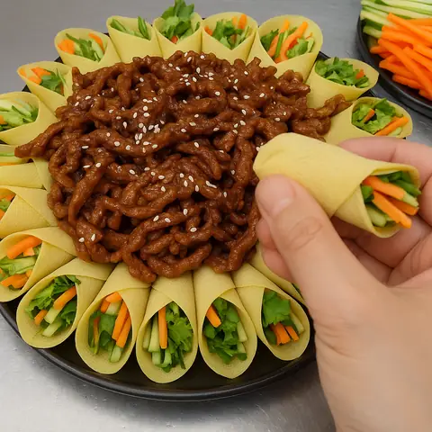 京酱肉丝 (jīng jiàng ròu sī) – Shredded Pork in Sweet Bean Sauce Wrapped in Tofu Skin with Fresh Veggies